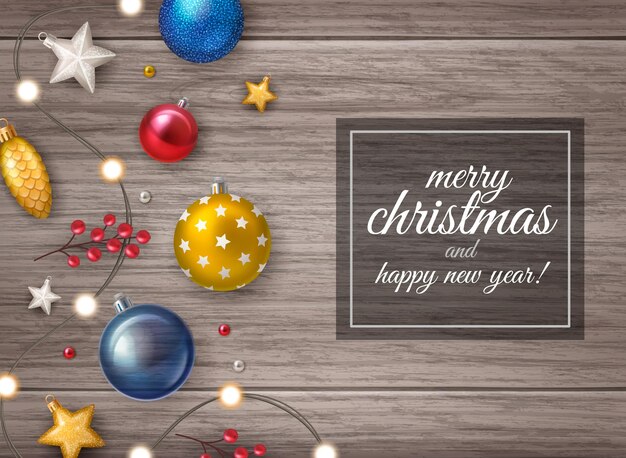 Free vector merry christmas happy new year background with colorful balls and other fir tree decorations on wooden table realistic vector illustration