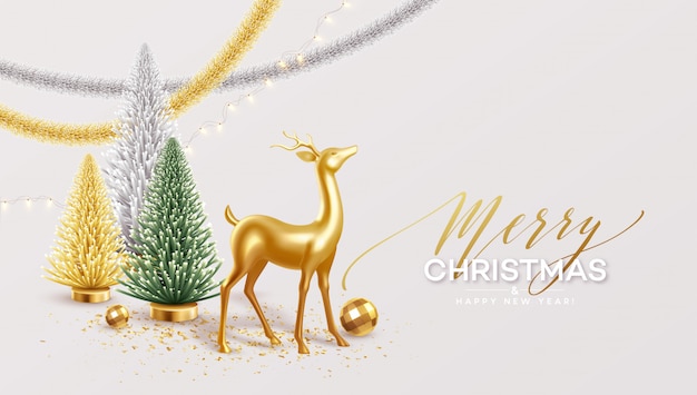 Merry christmas and happy new year background with realistic holiday decorations.