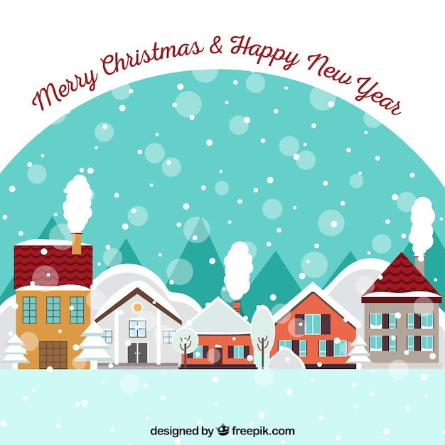 Merry christmas and happy new year background with a town