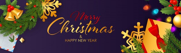 Merry Christmas and Happy New Year banner design with presents