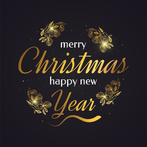 Merry christmas and happy new year banner or poster with golden flowers. elegant christmas greeting card in black and gold