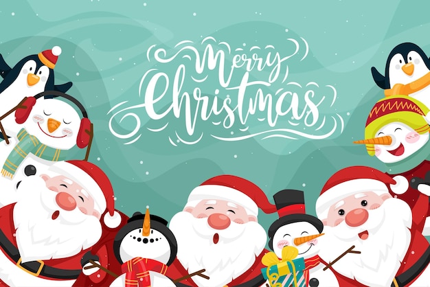 Merry christmas and happy new year banner santa claus, snowman and penguin with gifts boxes