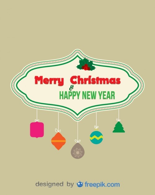 Merry christmas and happy new year banner with decorative objects suspended from ropes