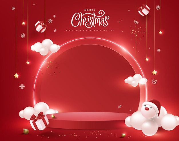 Merry christmas and happy new year banner with festive decoration and copy space product display cylindrical shape Premium Vector