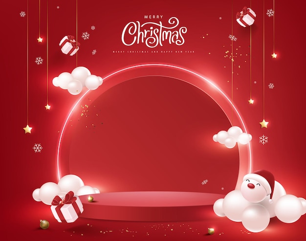 Merry christmas and happy new year banner with festive decoration and copy space product display cylindrical shape