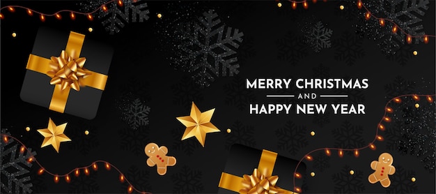 Merry Christmas and Happy New Year Banner with Realistic Christmas Elements