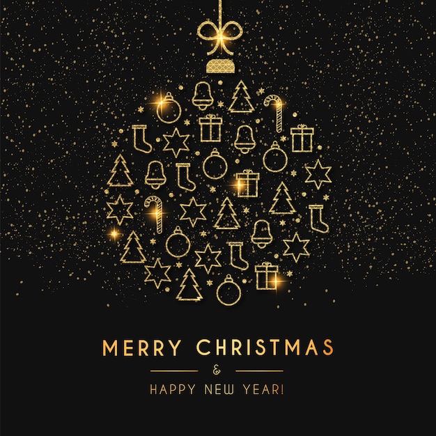 Free vector merry christmas and happy new year card with golden christmas ball