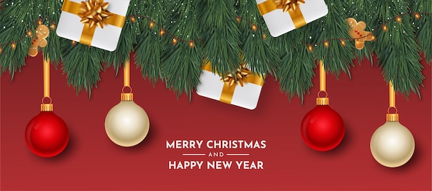 Merry christmas and happy new year card with realistic objects