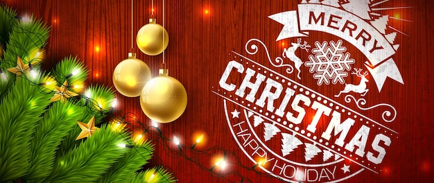 Merry Christmas and Happy New Year Design with Gold Glass Ball and Lights Garland on Wood Background