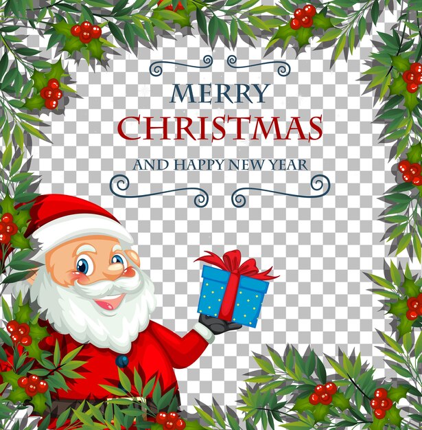 Merry Christmas and happy new year font with leaf frame and santa claus on transparent background