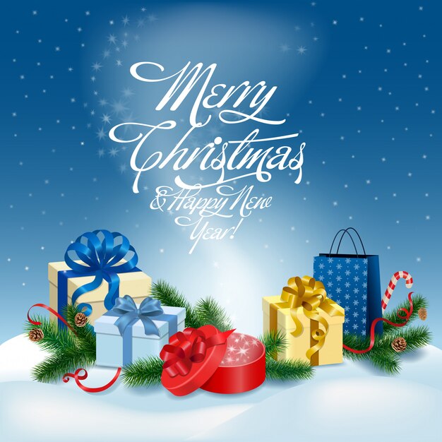 Merry Christmas and Happy New Year greeting card vector illustration.