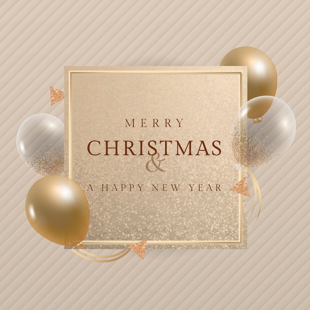 Merry christmas and a happy new year greeting card with gold balloons