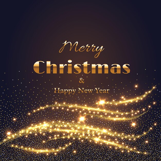 Merry Christmas and happy new year greeting card with gold glowing lights. Abstract golden elements. Vector illustration.