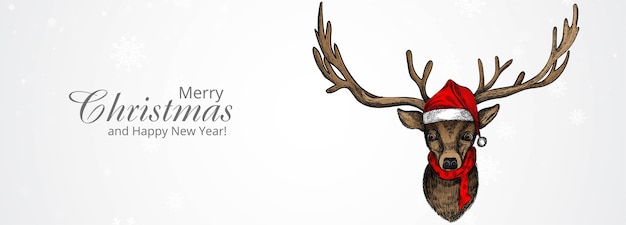 手描きのクリスマス鹿のスケッチとメリークリスマスと新年あけましておめでとうございますグリーティングカード