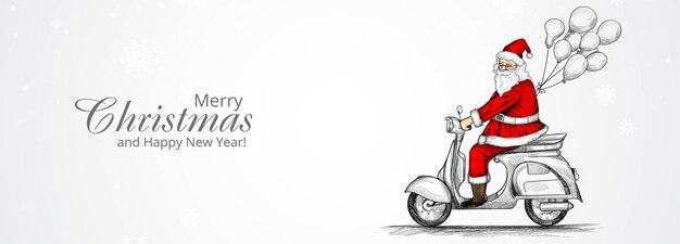 Поздравительная открытка с рождеством и новым годом с рисованной санта-клаусом на скутере