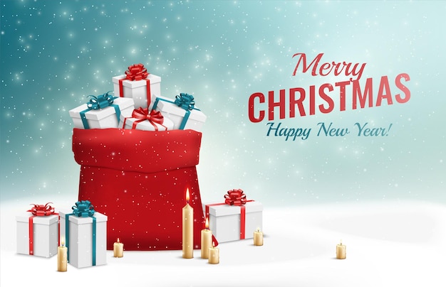 イラスト付きのメリークリスマスと新年あけましておめでとうございますグリーティングカード。贈り物と赤い袋