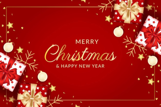 Merry christmas and happy new year greeting card with realistic red decoration