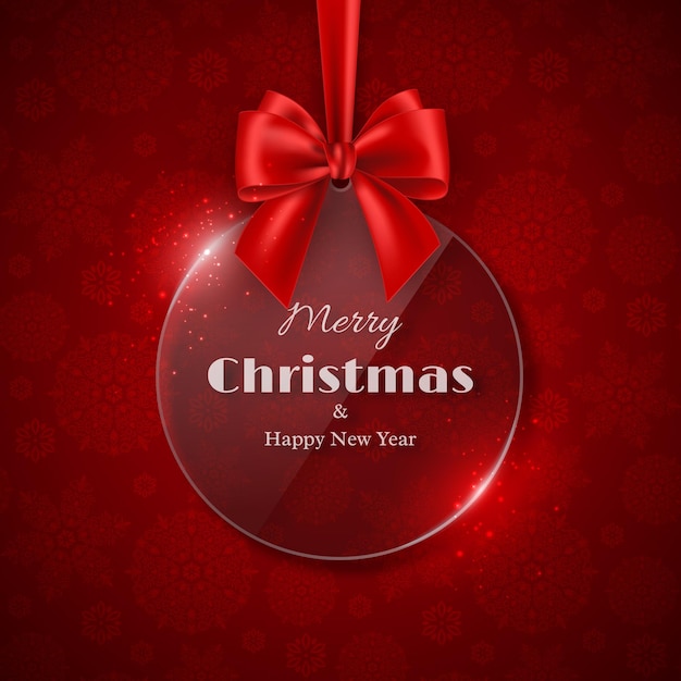 メリークリスマスと新年あけましておめでとうございますの休日のデザイン。弓、赤い背景、雪の結晶パターンと透明な光沢のあるクリスマス安物の宝石。ベクトルイラスト。