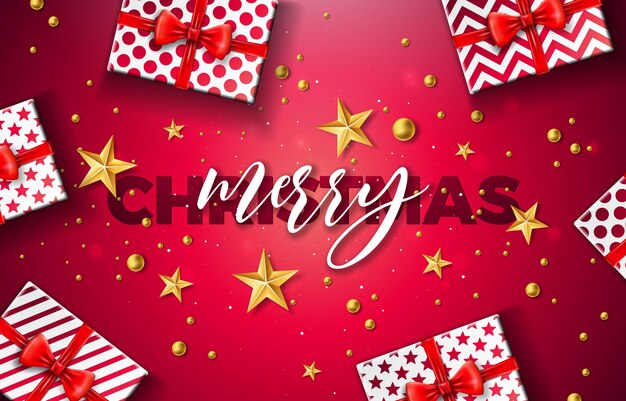 Merry christmas and happy new year illustration with gift box gold glass ball star and typography