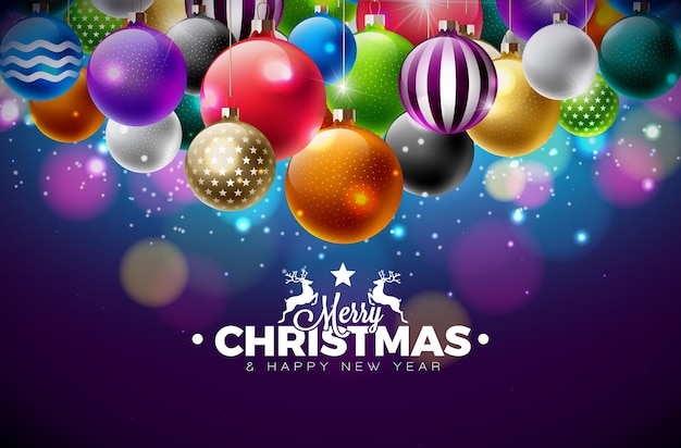 Merry christmas and happy new year illustration with gold glass ball star and typography elements