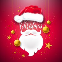 Merry christmas and happy new year illustration with santa hat beard gold glass ball and star