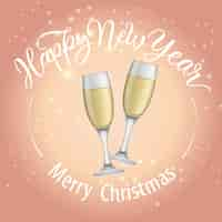 Free vector merry christmas, happy new year lettering and goblets