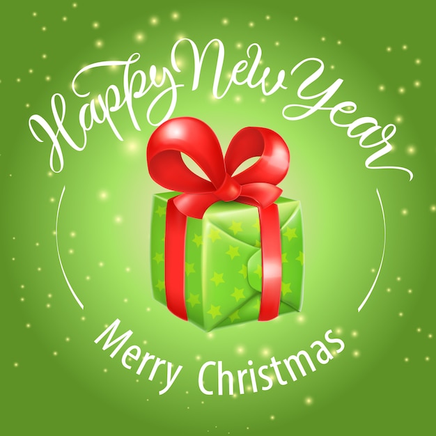 Merry christmas, happy new year lettering with gift box