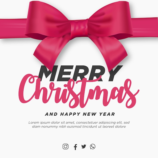 Free vector merry christmas and happy new year post with realistic pink ribbon