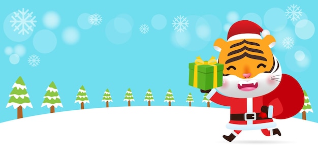 Merry christmas and happy new year poster bengal tiger with christmas gifts