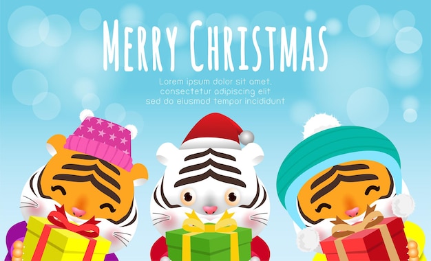 Merry christmas and happy new year poster year of the tiger group of bengal tiger and big signs