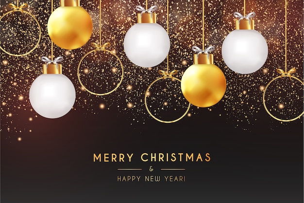 Free vector merry christmas and happy new year realistic card with bokeh background