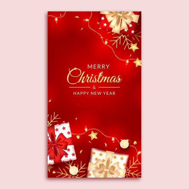 Merry christmas and happy new year social media story with realistic red decoration