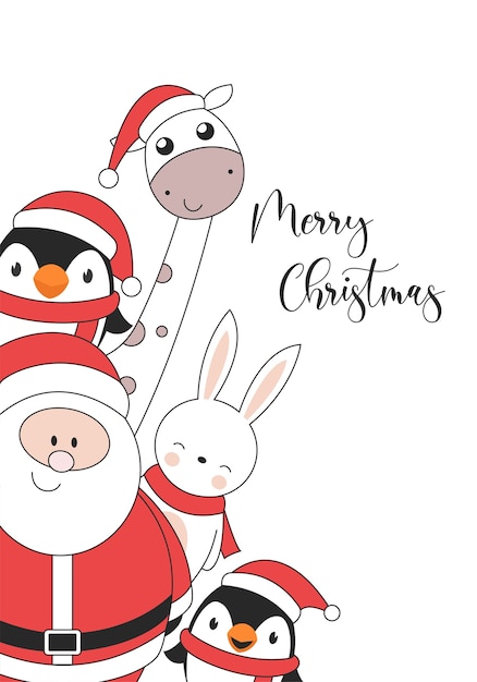 С Рождеством Христовым иллюстрация карты с пингвином кроликом жирафом и Санта-Клаусом
