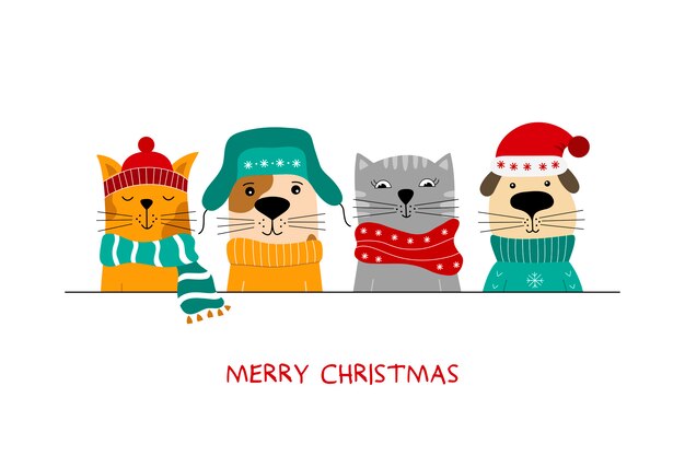 かわいい猫と楽しい犬のメリークリスマスイラスト プレミアムベクター