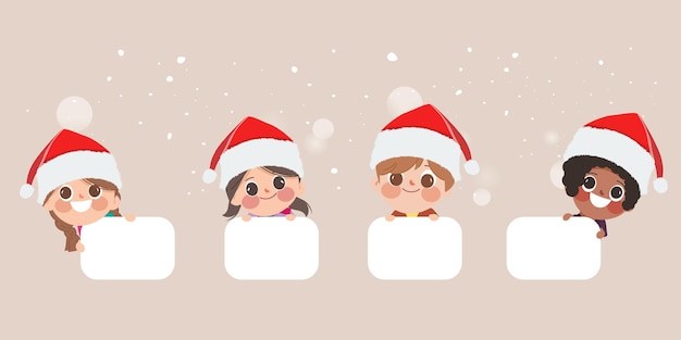 かわいい漫画の人々とのメリークリスマスラベルバナーコレクション。