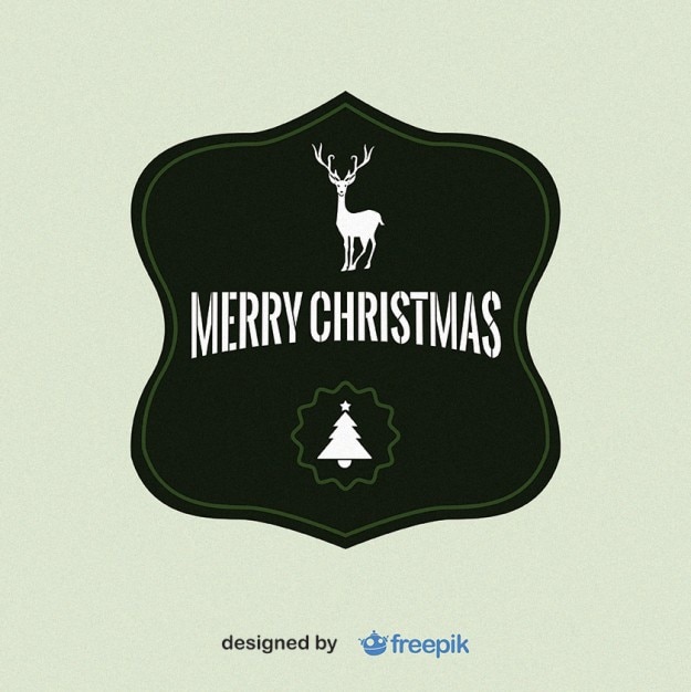 Merry christmas label with a deer in the upper and christmas tree in the bottom