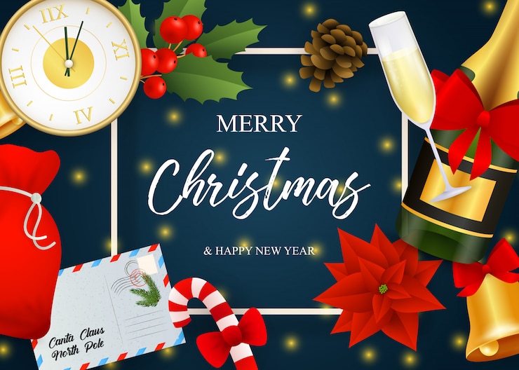 मुफ़्त वेक्टर merry christmas lettering, champagne, clock, poinsettia