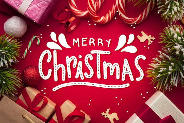 Merry christmas lettering on christmas photo