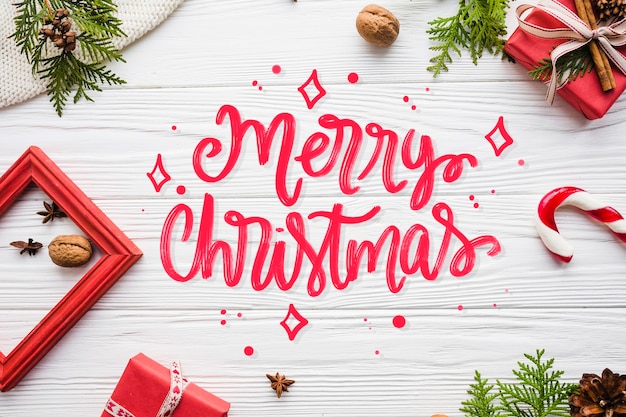 Merry christmas lettering on christmas photo