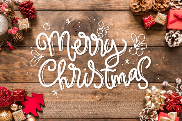 Merry christmas lettering on christmas photo