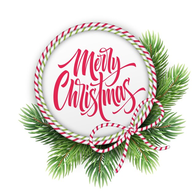 Merry Christmas lettering in circle rope frame. Xmas greeting with realistic fir-tree branches and striped bow. Merry Christmas calligraphy in round frame. Poster, banner design. Isolated vector