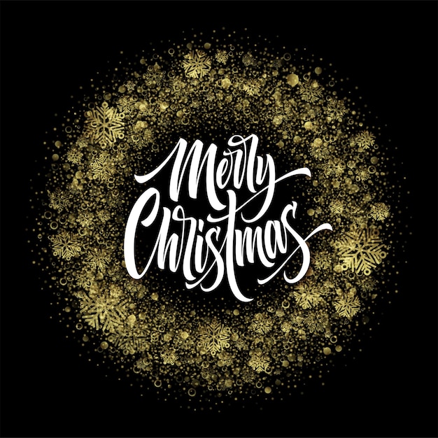 Merry christmas lettering in glitter frame. xmas confetti, golden dust and snowflakes round frame. merry christmas greeting isolated on black background. postcard design. vector illustration