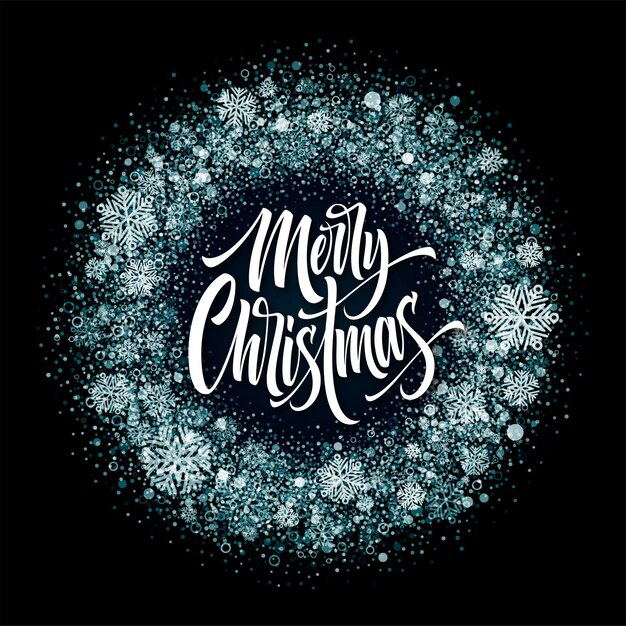 Merry Christmas lettering in ice frame. Xmas confetti, icy dust and snowflakes round frame. Merry Christmas greeting isolated on black background. Postcard design. Vector illustration