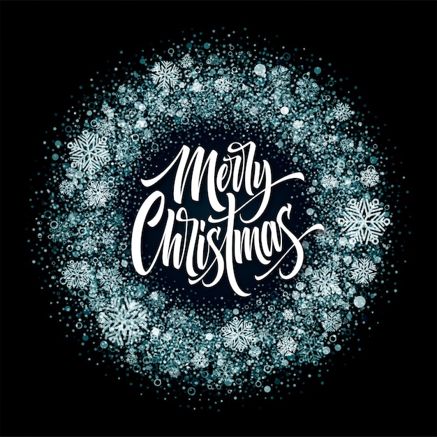 氷のフレームでメリークリスマスのレタリング。クリスマスの紙吹雪、氷のようなほこり、雪片の丸いフレーム。黒の背景に分離されたメリークリスマスの挨拶。はがきのデザイン。ベクトルイラスト