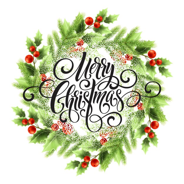 ヤドリギの花輪のメリークリスマスのレタリング。雪のクリスマスラウンドフレーム。クリスマスヤドリギの果実とモミの枝の花輪。はがきやポスターの冬のデザイン。孤立したベクトル図