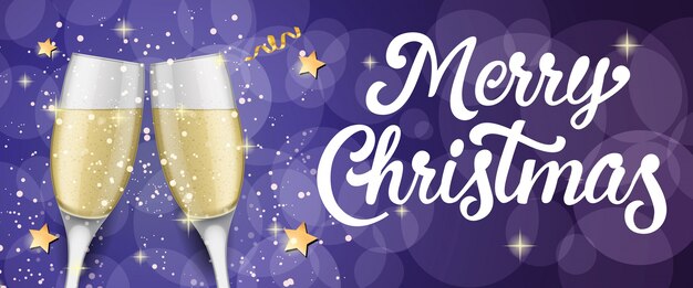 Merry Christmas lettering with champagne flutes