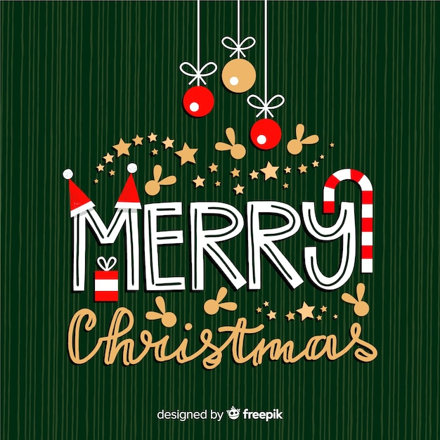 Merry christmas lettering with decorations Free Vector