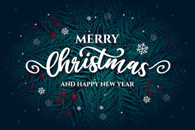 Merry christmas lettering with pine leaves Free Vector