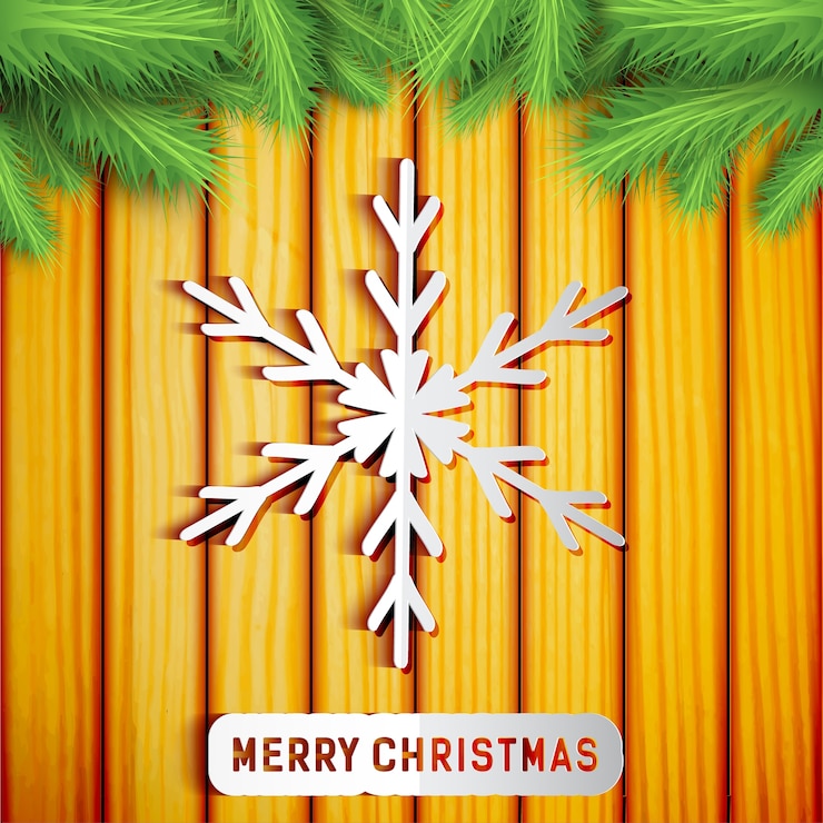 मुफ़्त वेक्टर merry christmas light card with paper snowflake green fir branches on wood