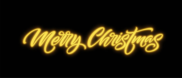 メリークリスマスのネオンレタリング。クリスマスの挨拶のサイン。メリークリスマスの黄金のネオンの光は、黒の背景に分離されました。クリスマスの書道のテキスト。はがき、バナーデザイン要素。ベクトルイラスト